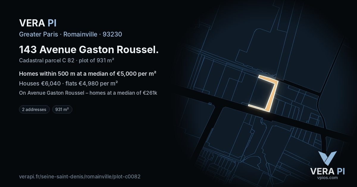 143 Avenue Gaston Roussel, Romainville at night – the plot lit, the parcels around coloured by the prices near them