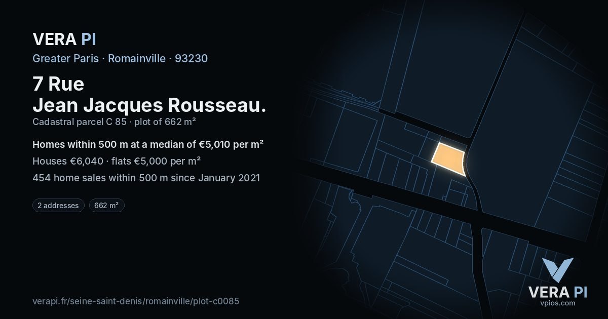 7 Rue Jean Jacques Rousseau, Romainville at night – the plot lit, the parcels around coloured by the prices near them