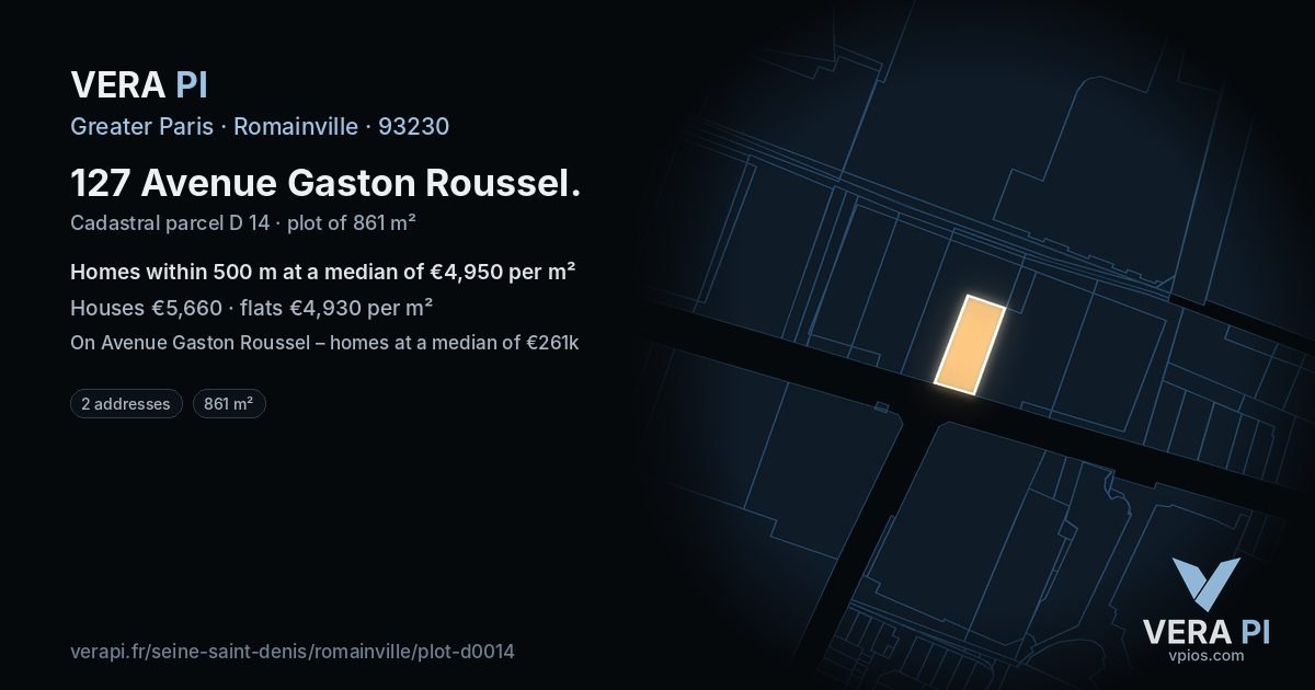 127 Avenue Gaston Roussel, Romainville at night – the plot lit, the parcels around coloured by the prices near them