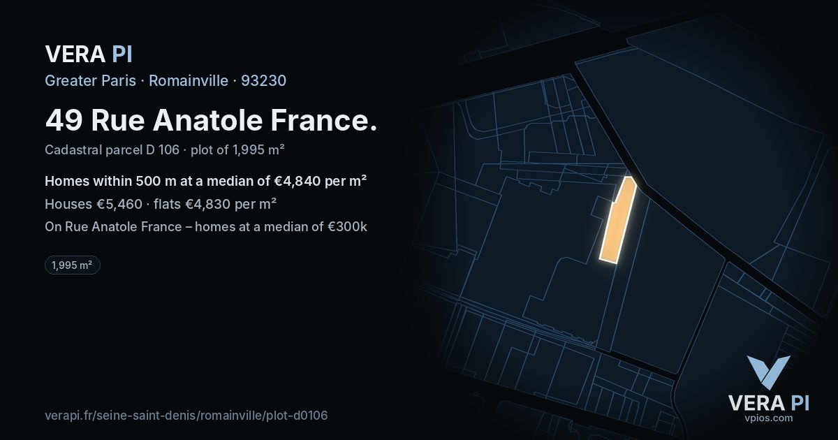 49 Rue Anatole France, Romainville at night – the plot lit, the parcels around coloured by the prices near them