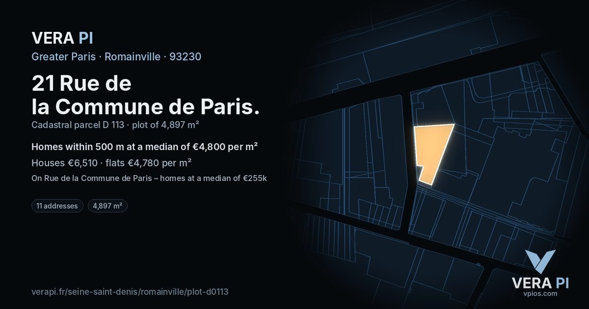 21 Rue de la Commune de Paris, Romainville at night – the plot lit, the parcels around coloured by the prices near them