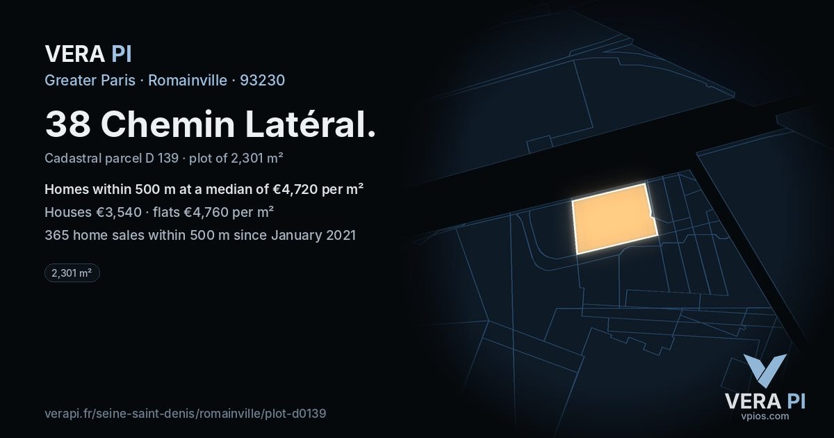 38 Chemin Latéral, Romainville at night – the plot lit, the parcels around coloured by the prices near them