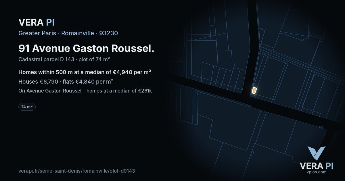 91 Avenue Gaston Roussel, Romainville at night – the plot lit, the parcels around coloured by the prices near them