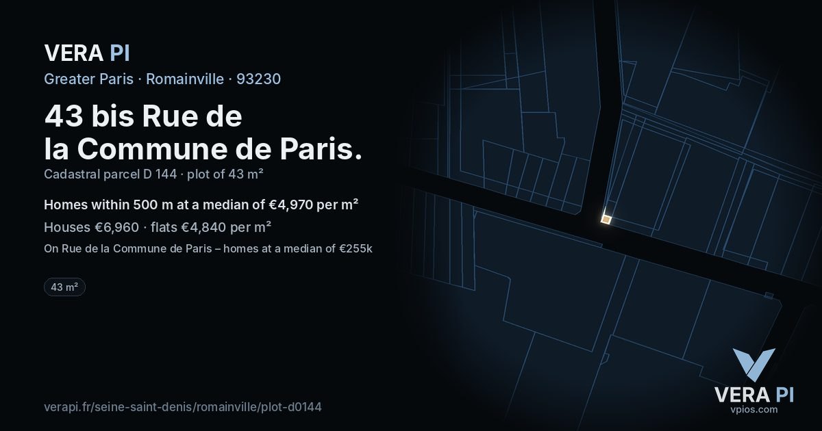 43 bis Rue de la Commune de Paris, Romainville at night – the plot lit, the parcels around coloured by the prices near them
