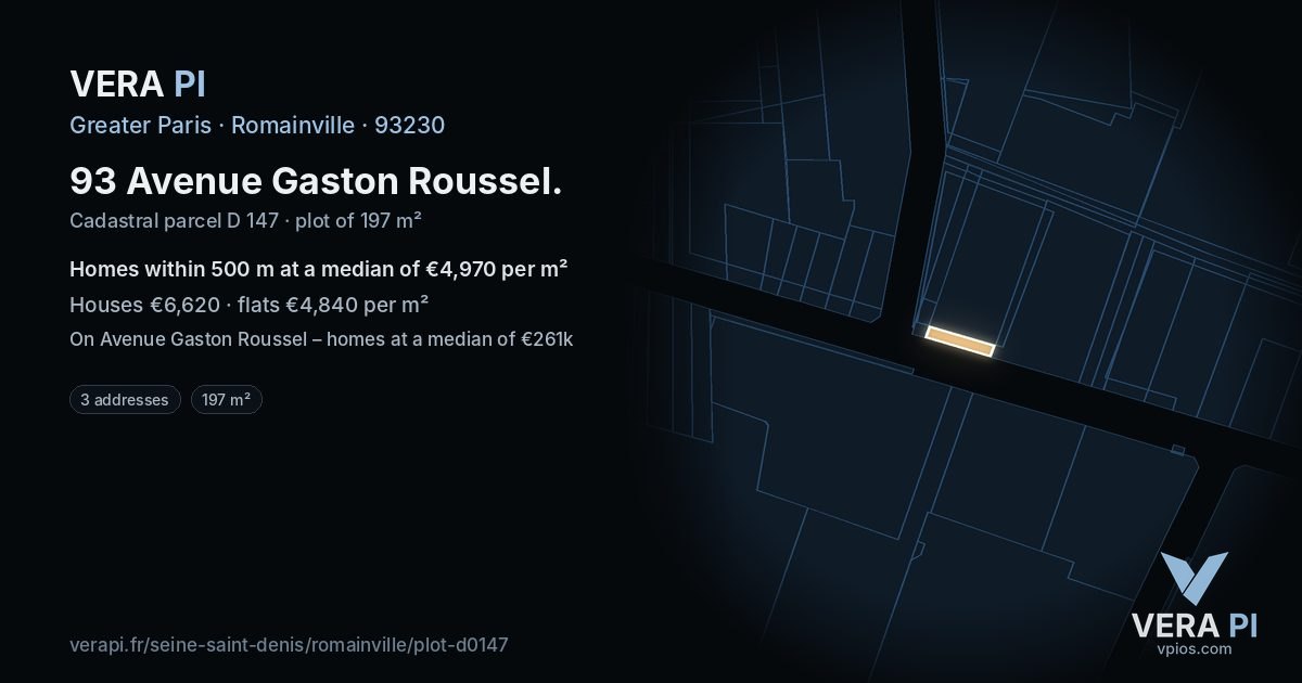 93 Avenue Gaston Roussel, Romainville at night – the plot lit, the parcels around coloured by the prices near them