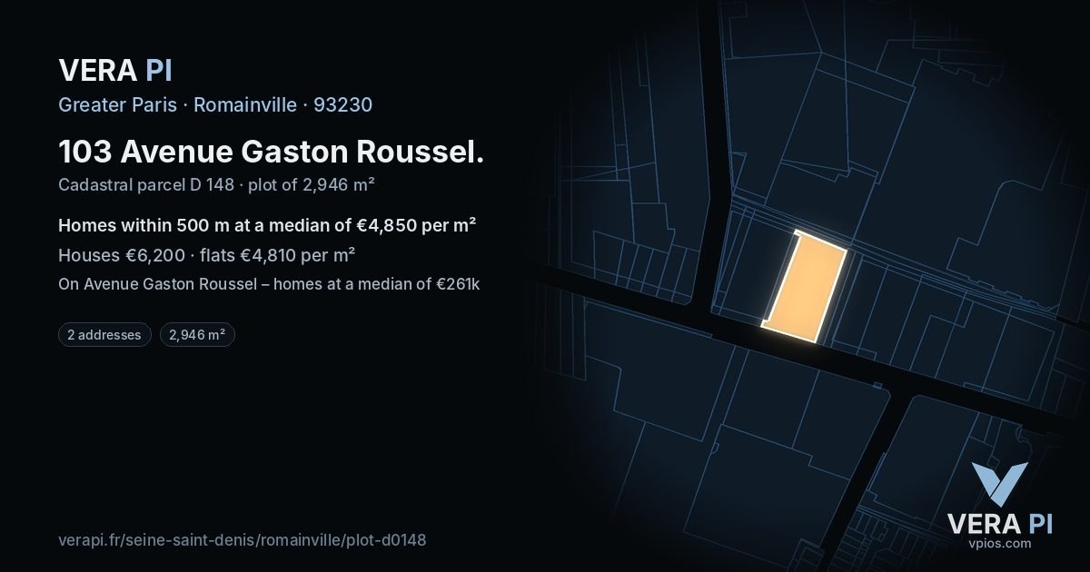 103 Avenue Gaston Roussel, Romainville at night – the plot lit, the parcels around coloured by the prices near them