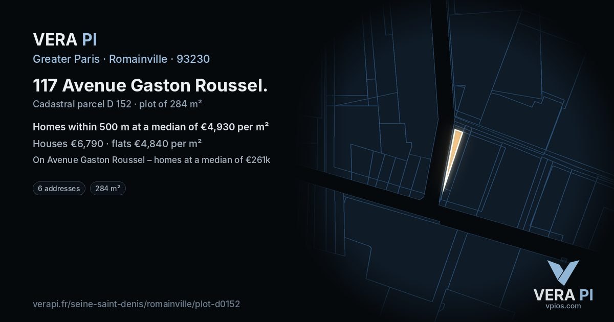 117 Avenue Gaston Roussel, Romainville at night – the plot lit, the parcels around coloured by the prices near them