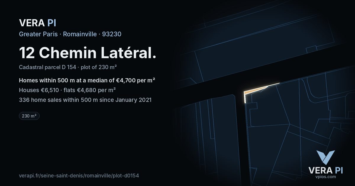 12 Chemin Latéral, Romainville at night – the plot lit, the parcels around coloured by the prices near them