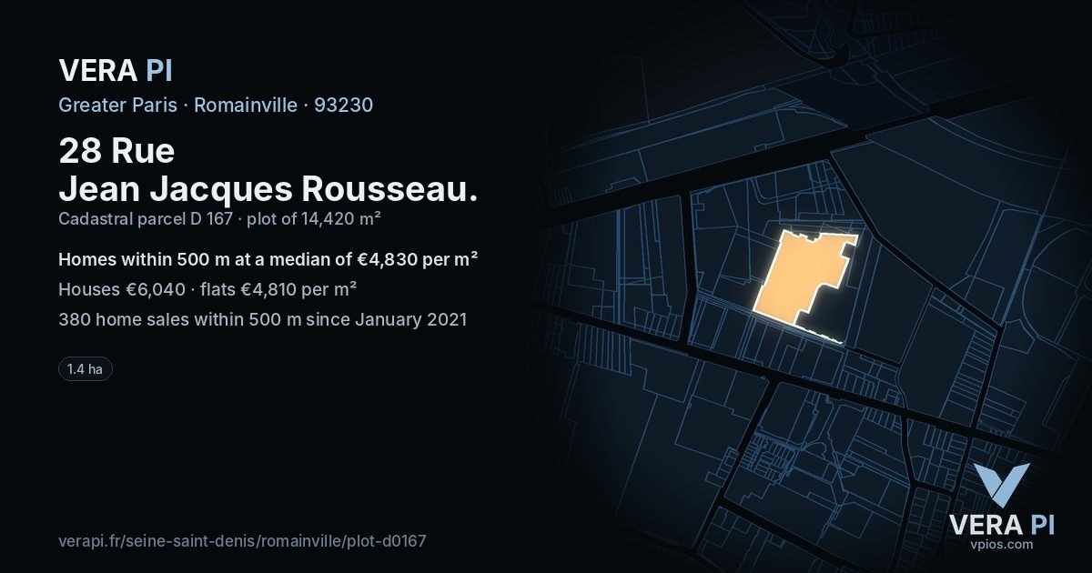 28 Rue Jean Jacques Rousseau, Romainville at night – the plot lit, the parcels around coloured by the prices near them