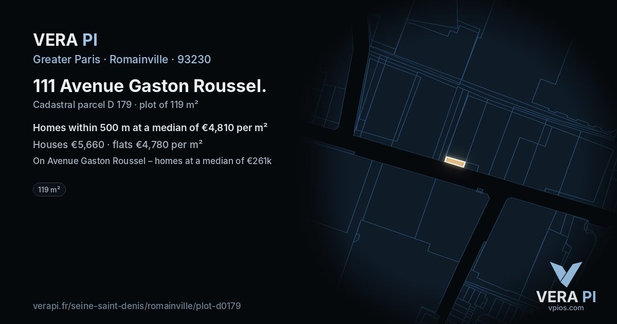 111 Avenue Gaston Roussel, Romainville at night – the plot lit, the parcels around coloured by the prices near them