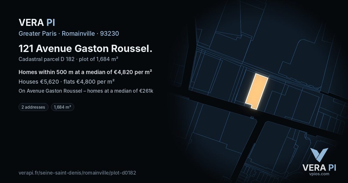 121 Avenue Gaston Roussel, Romainville at night – the plot lit, the parcels around coloured by the prices near them