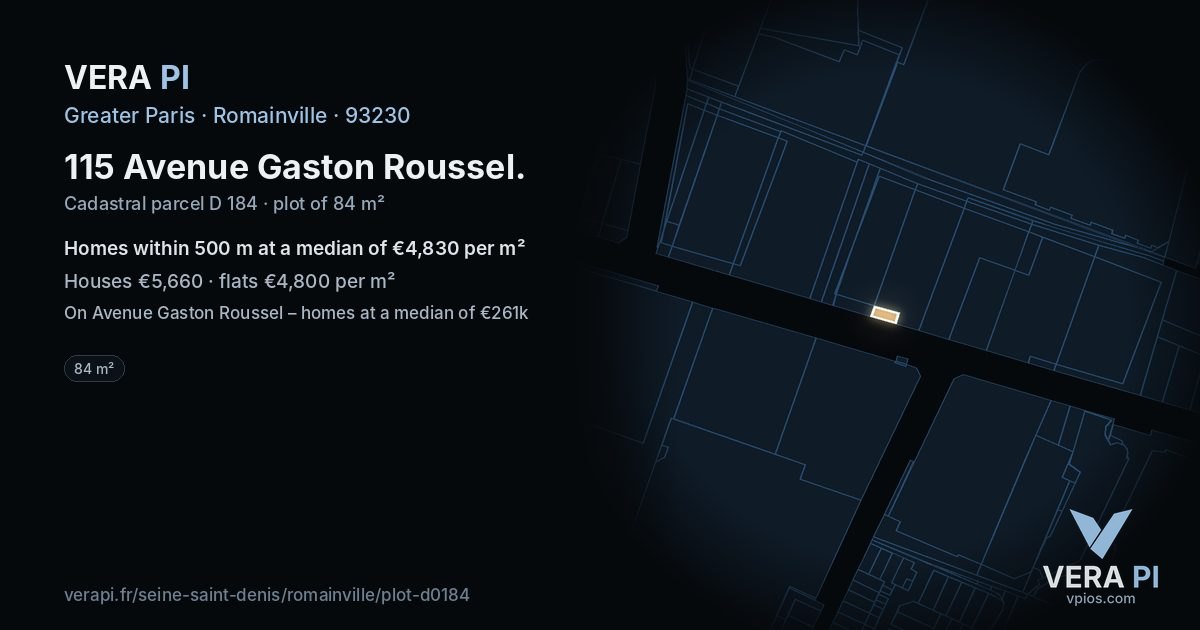 115 Avenue Gaston Roussel, Romainville at night – the plot lit, the parcels around coloured by the prices near them