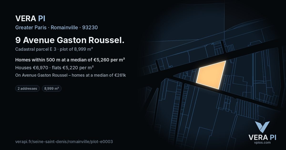 9 Avenue Gaston Roussel, Romainville at night – the plot lit, the parcels around coloured by the prices near them