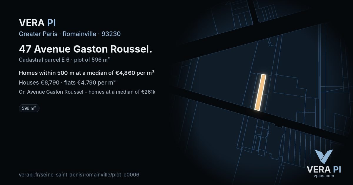 47 Avenue Gaston Roussel, Romainville at night – the plot lit, the parcels around coloured by the prices near them
