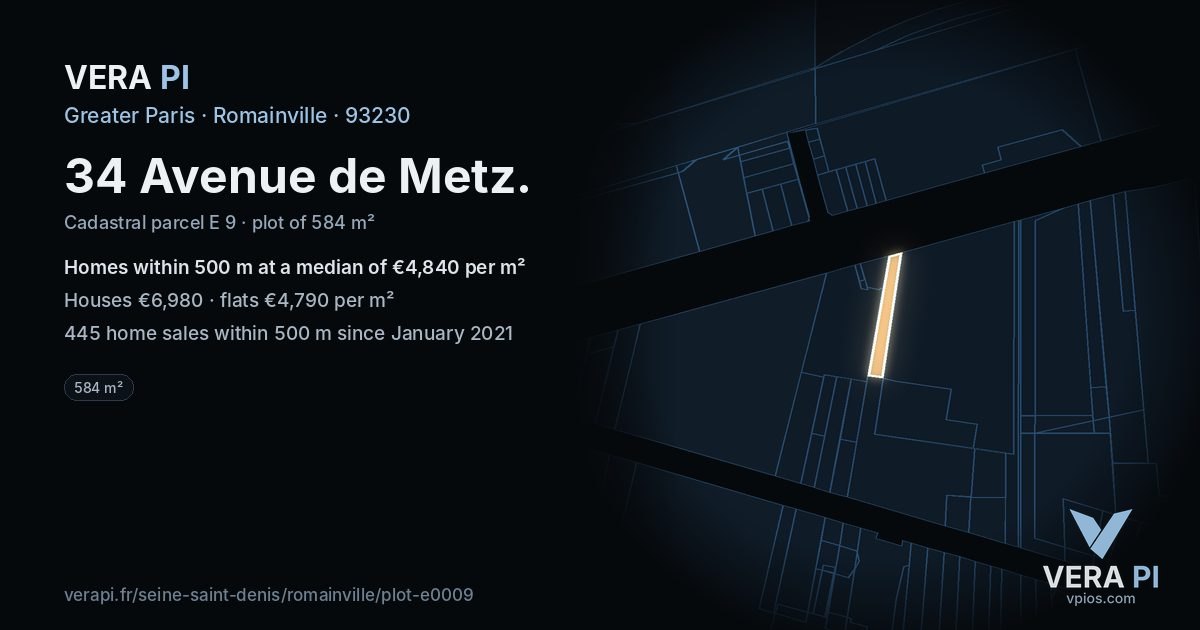 34 Avenue de Metz, Romainville at night – the plot lit, the parcels around coloured by the prices near them