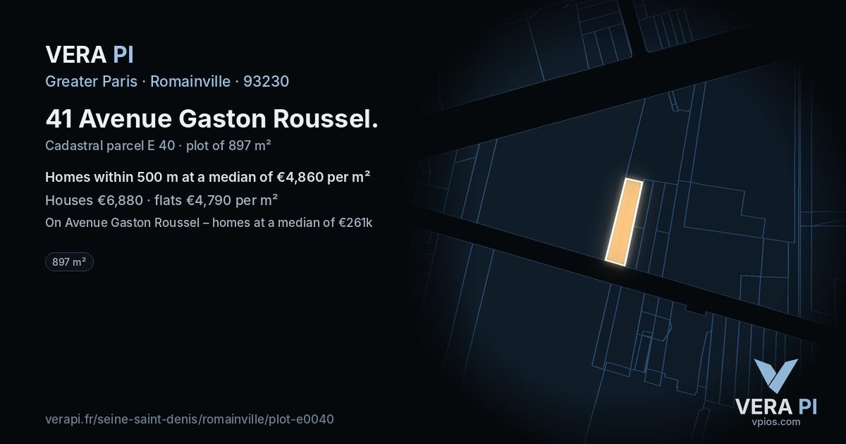 41 Avenue Gaston Roussel, Romainville at night – the plot lit, the parcels around coloured by the prices near them