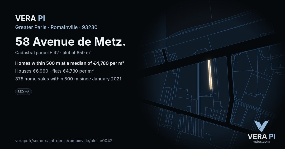 58 Avenue de Metz, Romainville at night – the plot lit, the parcels around coloured by the prices near them