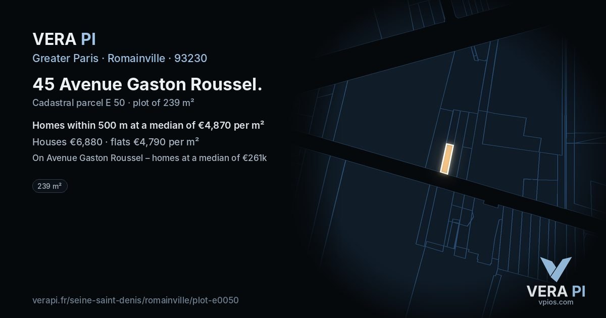 45 Avenue Gaston Roussel, Romainville at night – the plot lit, the parcels around coloured by the prices near them