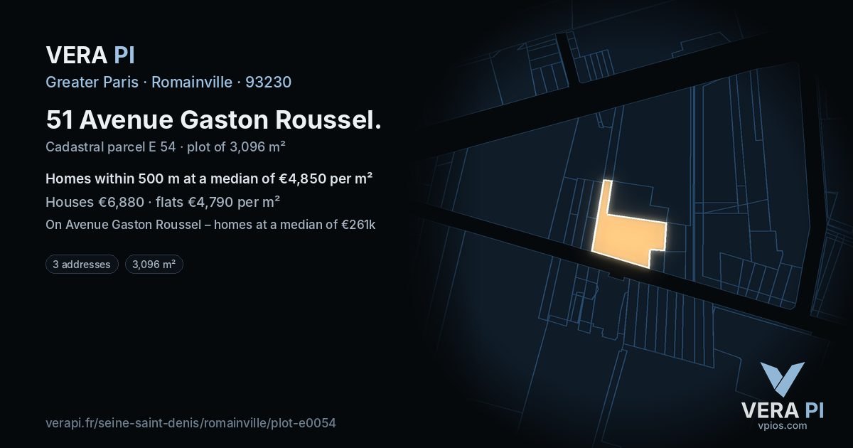 51 Avenue Gaston Roussel, Romainville at night – the plot lit, the parcels around coloured by the prices near them
