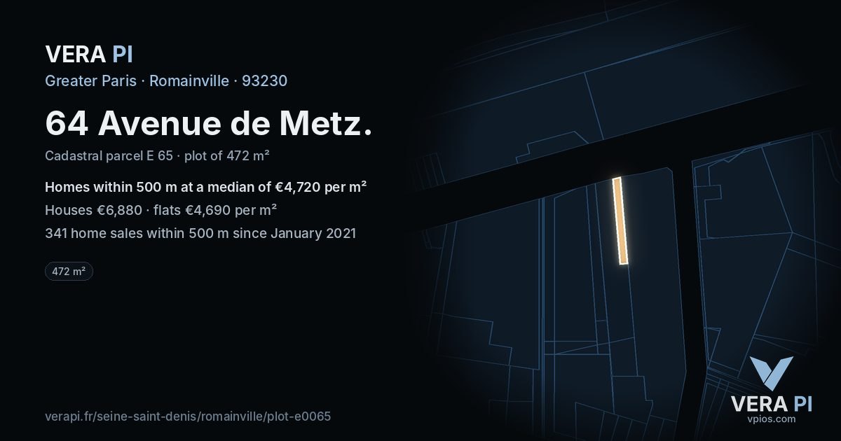 64 Avenue de Metz, Romainville at night – the plot lit, the parcels around coloured by the prices near them
