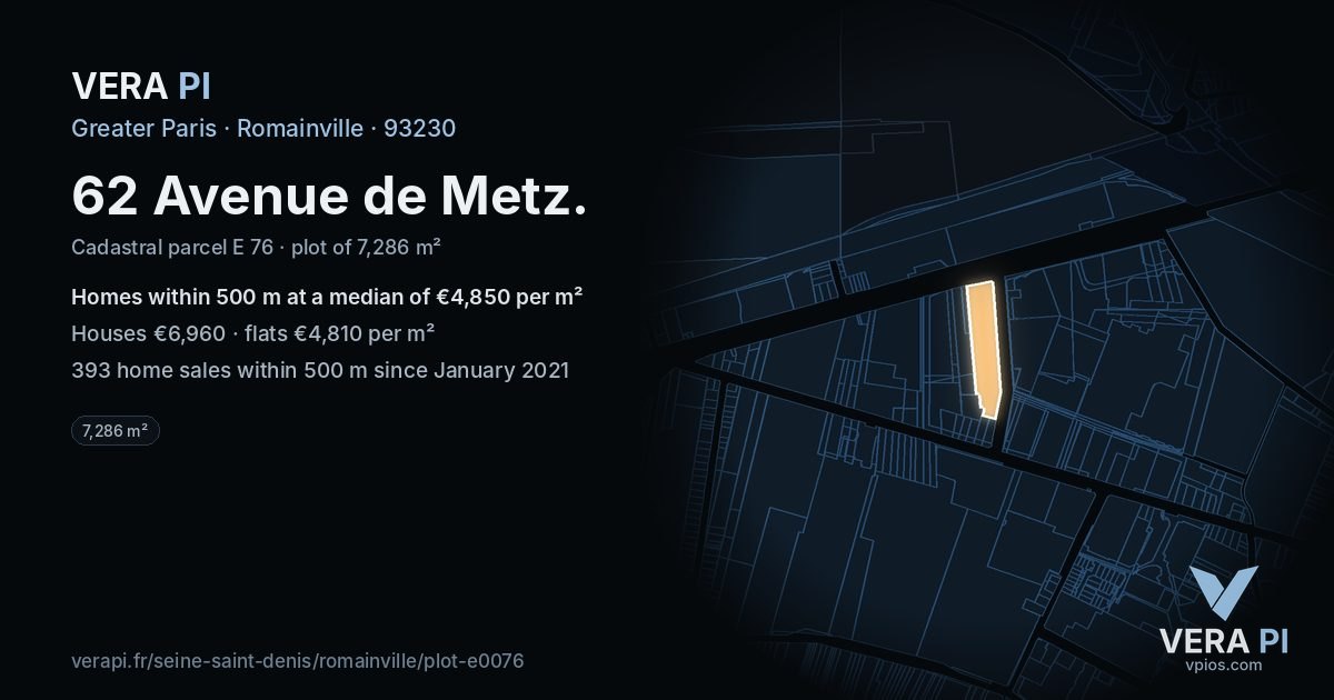 62 Avenue de Metz, Romainville at night – the plot lit, the parcels around coloured by the prices near them