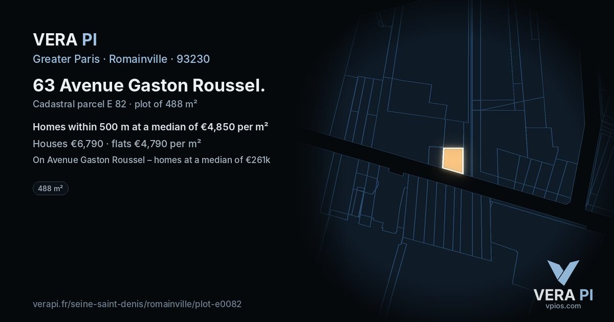 63 Avenue Gaston Roussel, Romainville at night – the plot lit, the parcels around coloured by the prices near them