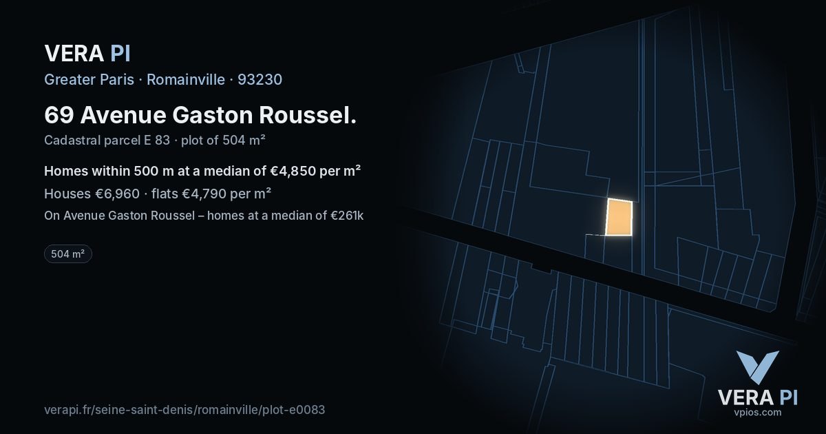 69 Avenue Gaston Roussel, Romainville at night – the plot lit, the parcels around coloured by the prices near them