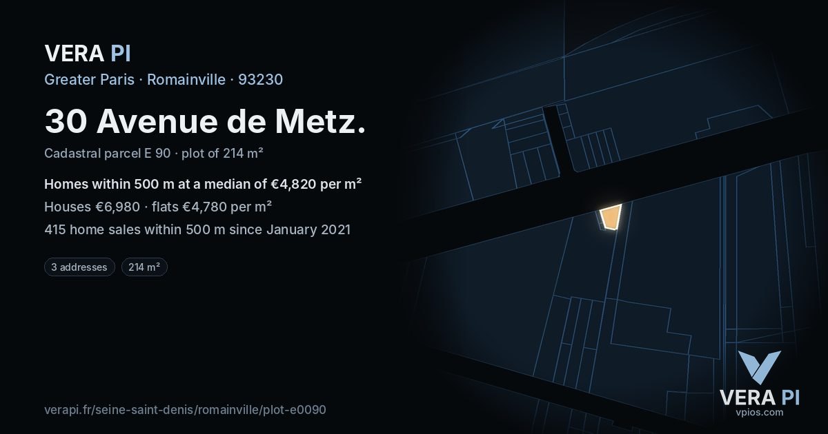 30 Avenue de Metz, Romainville at night – the plot lit, the parcels around coloured by the prices near them