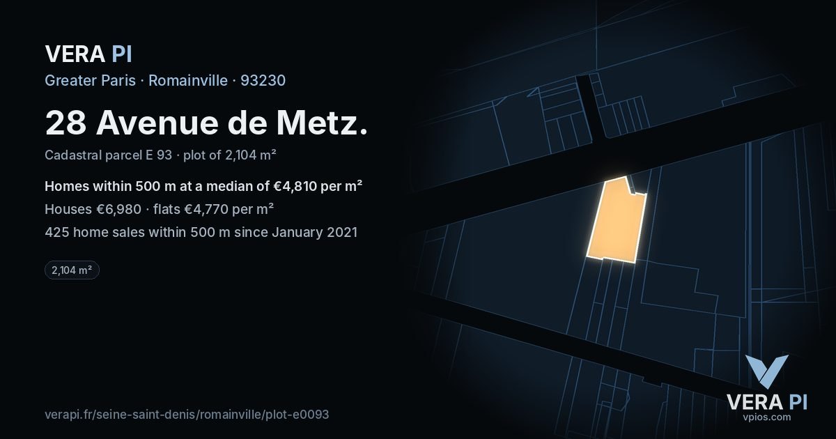 28 Avenue de Metz, Romainville at night – the plot lit, the parcels around coloured by the prices near them