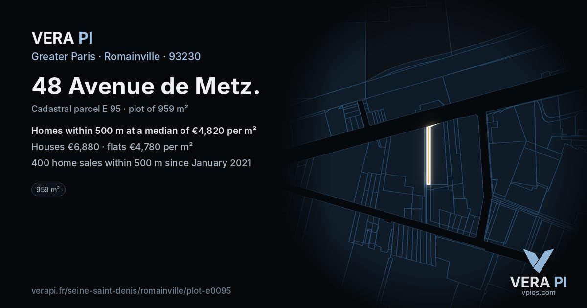 48 Avenue de Metz, Romainville at night – the plot lit, the parcels around coloured by the prices near them
