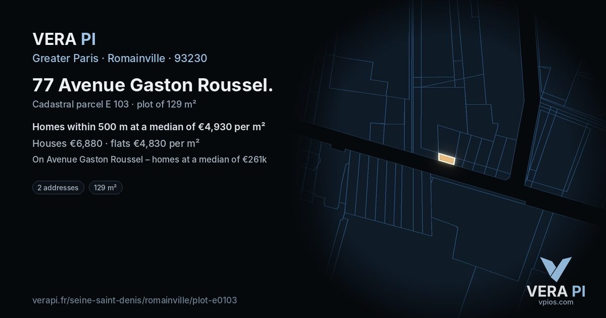 77 Avenue Gaston Roussel, Romainville at night – the plot lit, the parcels around coloured by the prices near them