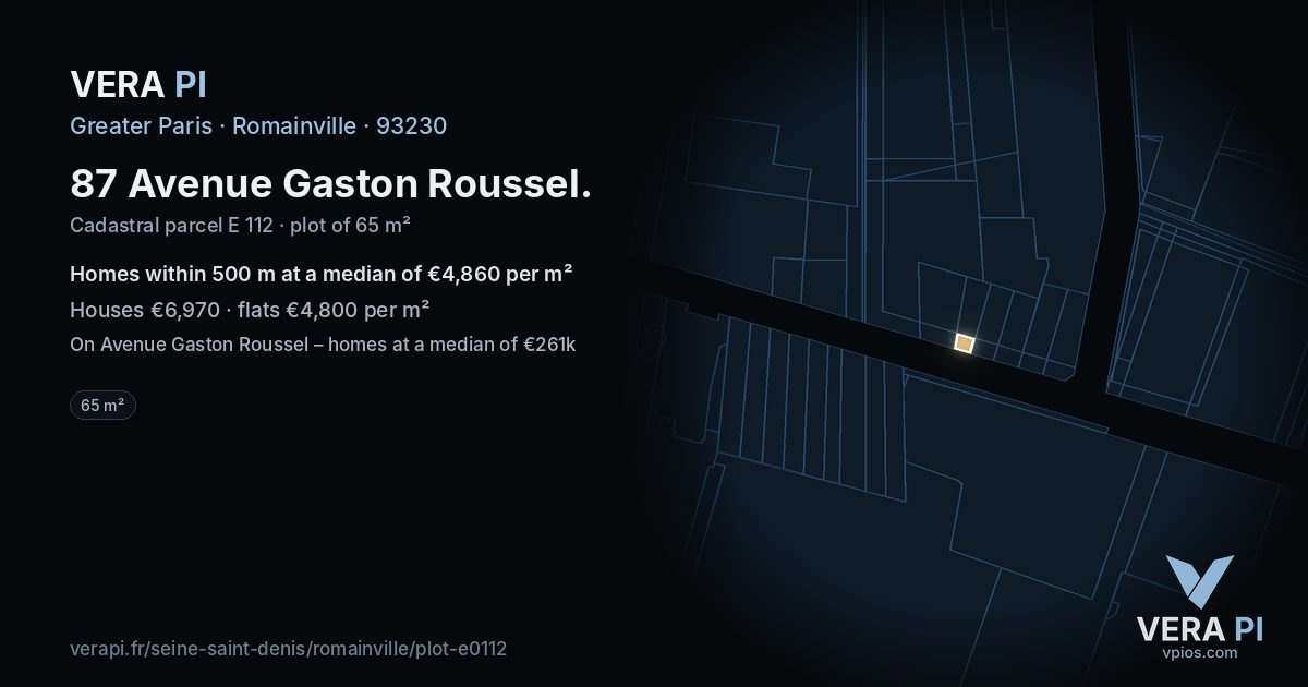 87 Avenue Gaston Roussel, Romainville at night – the plot lit, the parcels around coloured by the prices near them