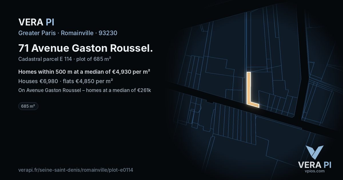 71 Avenue Gaston Roussel, Romainville at night – the plot lit, the parcels around coloured by the prices near them