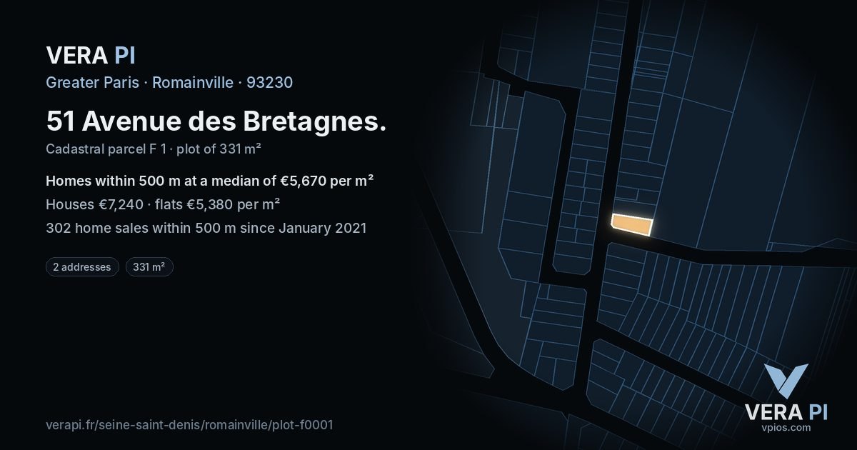 51 Avenue des Bretagnes, Romainville at night – the plot lit, the parcels around coloured by the prices near them