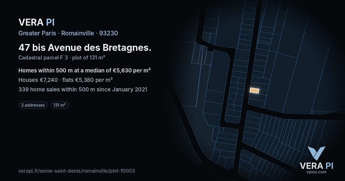 47 bis Avenue des Bretagnes, Romainville at night – the plot lit, the parcels around coloured by the prices near them