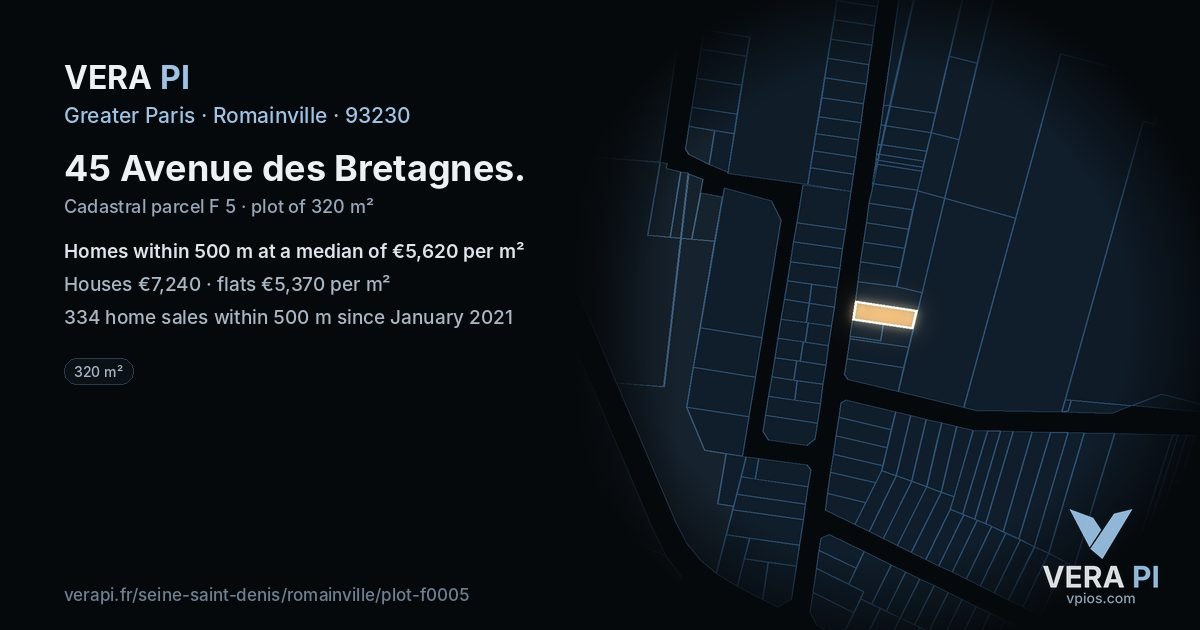 45 Avenue des Bretagnes, Romainville at night – the plot lit, the parcels around coloured by the prices near them