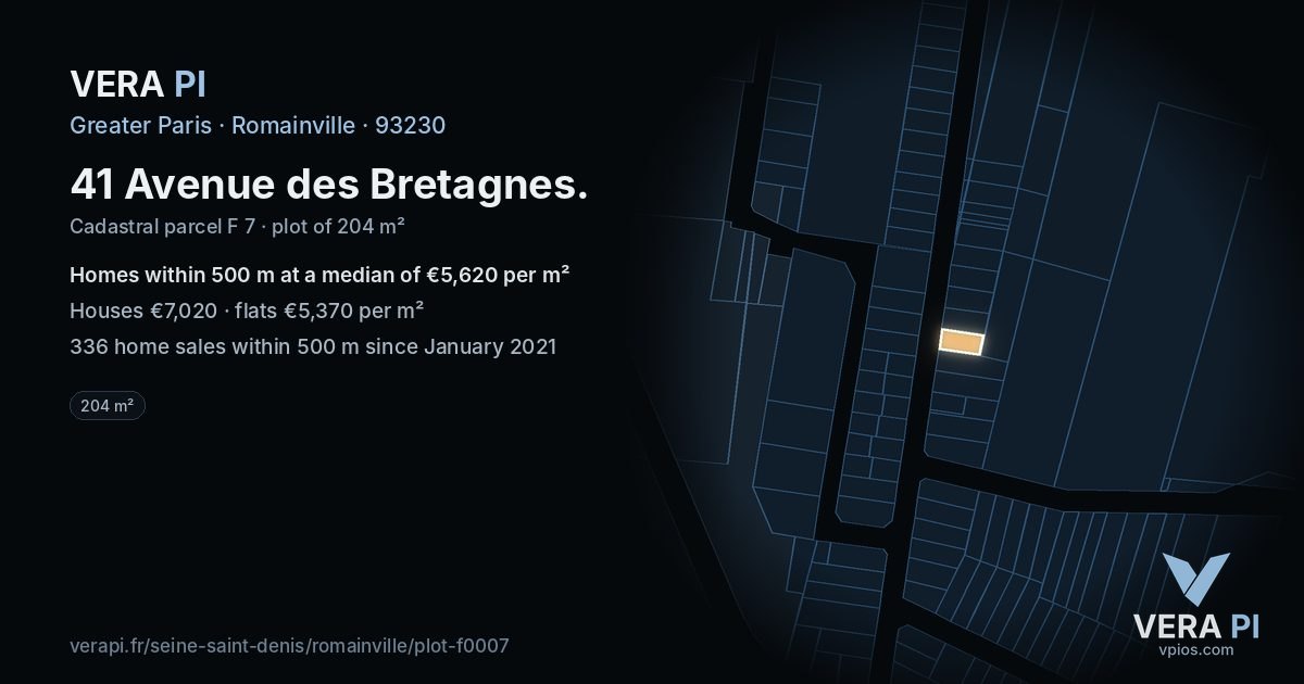 41 Avenue des Bretagnes, Romainville at night – the plot lit, the parcels around coloured by the prices near them