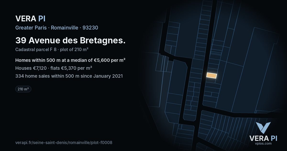 39 Avenue des Bretagnes, Romainville at night – the plot lit, the parcels around coloured by the prices near them