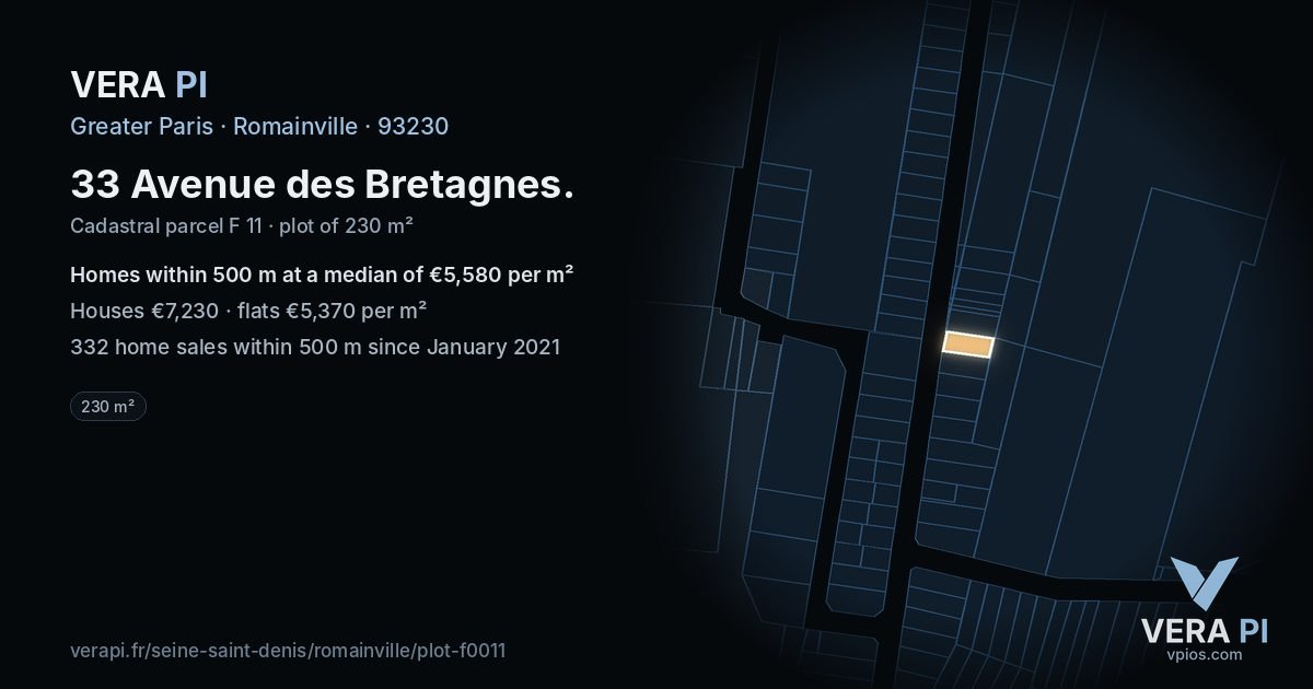 33 Avenue des Bretagnes, Romainville at night – the plot lit, the parcels around coloured by the prices near them