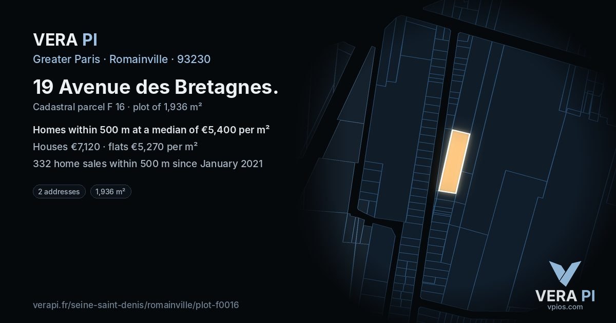 19 Avenue des Bretagnes, Romainville at night – the plot lit, the parcels around coloured by the prices near them