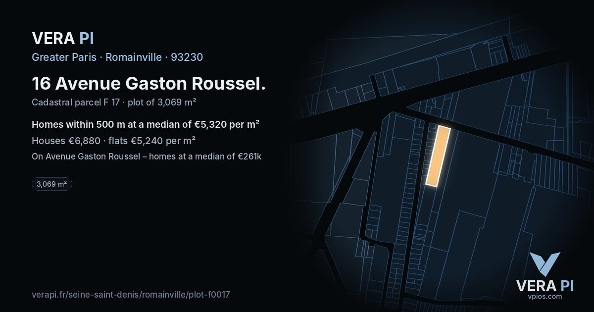 16 Avenue Gaston Roussel, Romainville at night – the plot lit, the parcels around coloured by the prices near them