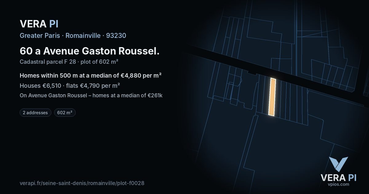 60 a Avenue Gaston Roussel, Romainville at night – the plot lit, the parcels around coloured by the prices near them