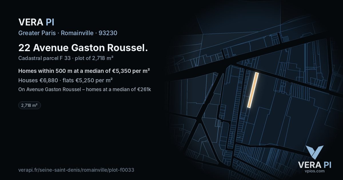 22 Avenue Gaston Roussel, Romainville at night – the plot lit, the parcels around coloured by the prices near them