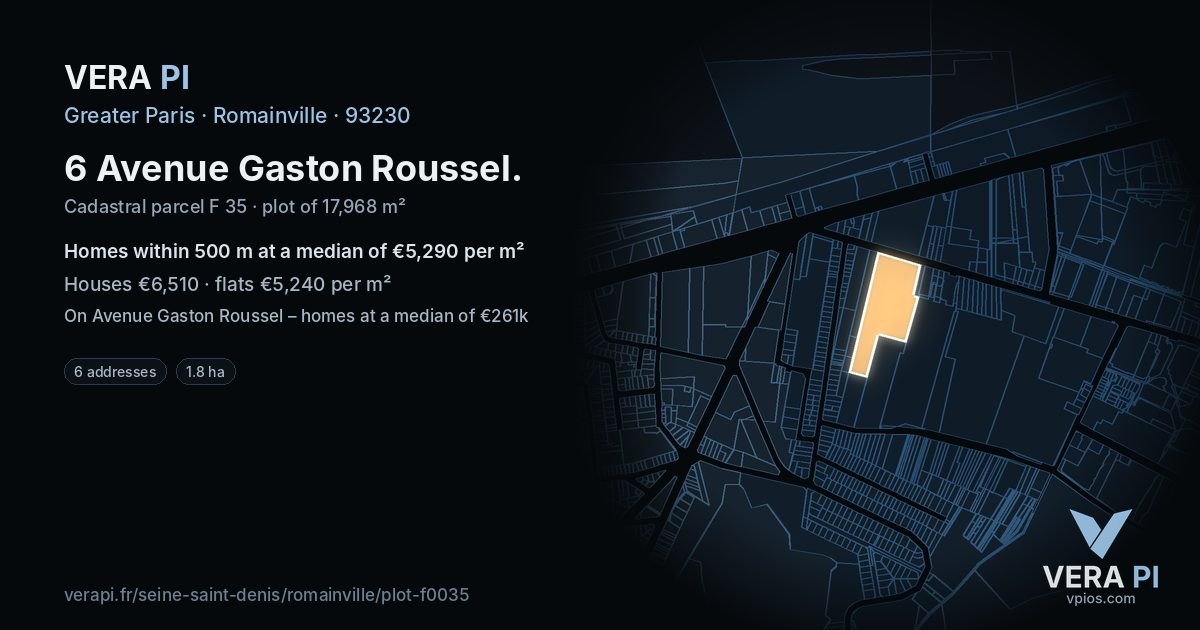 6 Avenue Gaston Roussel, Romainville at night – the plot lit, the parcels around coloured by the prices near them