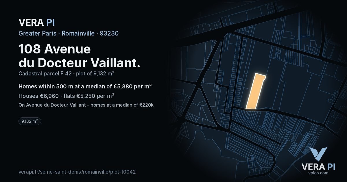 108 Avenue du Docteur Vaillant, Romainville at night – the plot lit, the parcels around coloured by the prices near them