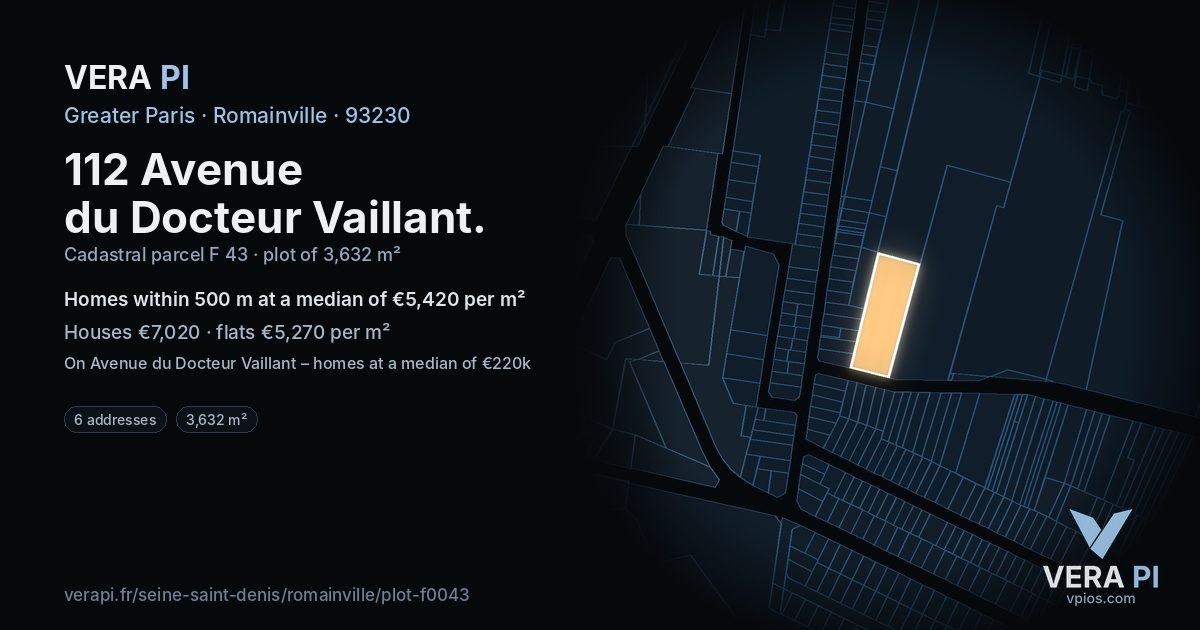 112 Avenue du Docteur Vaillant, Romainville at night – the plot lit, the parcels around coloured by the prices near them
