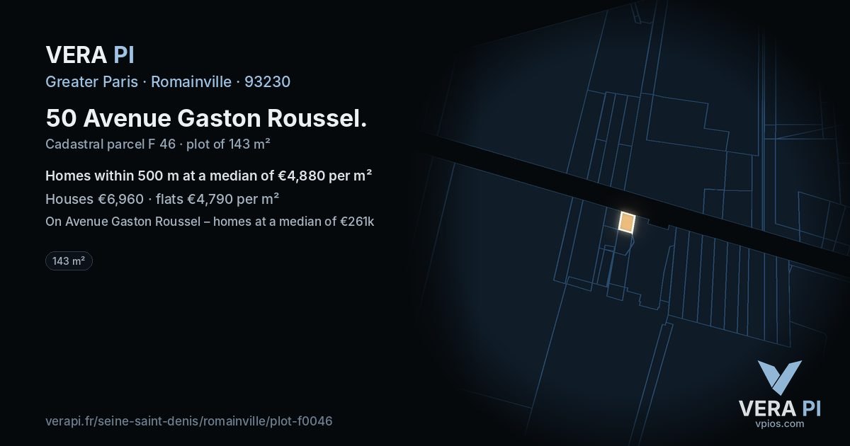 50 Avenue Gaston Roussel, Romainville at night – the plot lit, the parcels around coloured by the prices near them