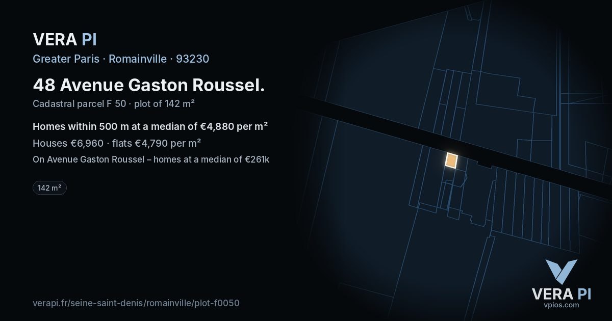 48 Avenue Gaston Roussel, Romainville at night – the plot lit, the parcels around coloured by the prices near them
