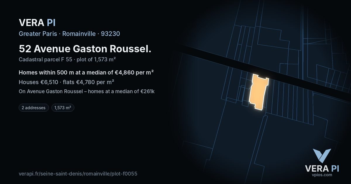 52 Avenue Gaston Roussel, Romainville at night – the plot lit, the parcels around coloured by the prices near them