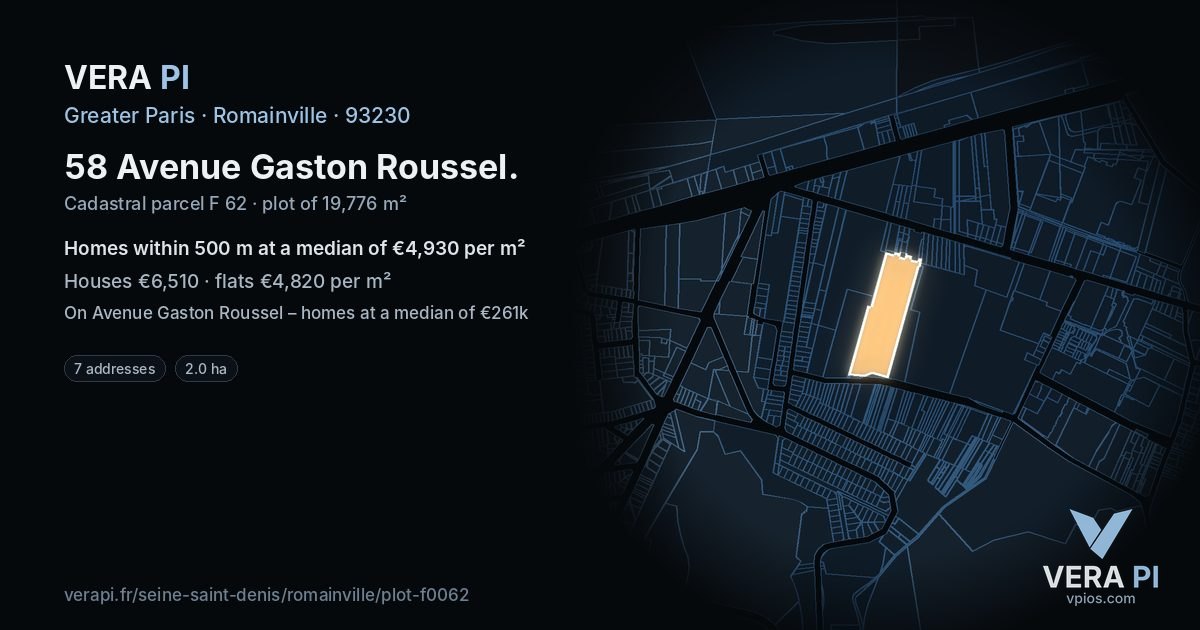 58 Avenue Gaston Roussel, Romainville at night – the plot lit, the parcels around coloured by the prices near them